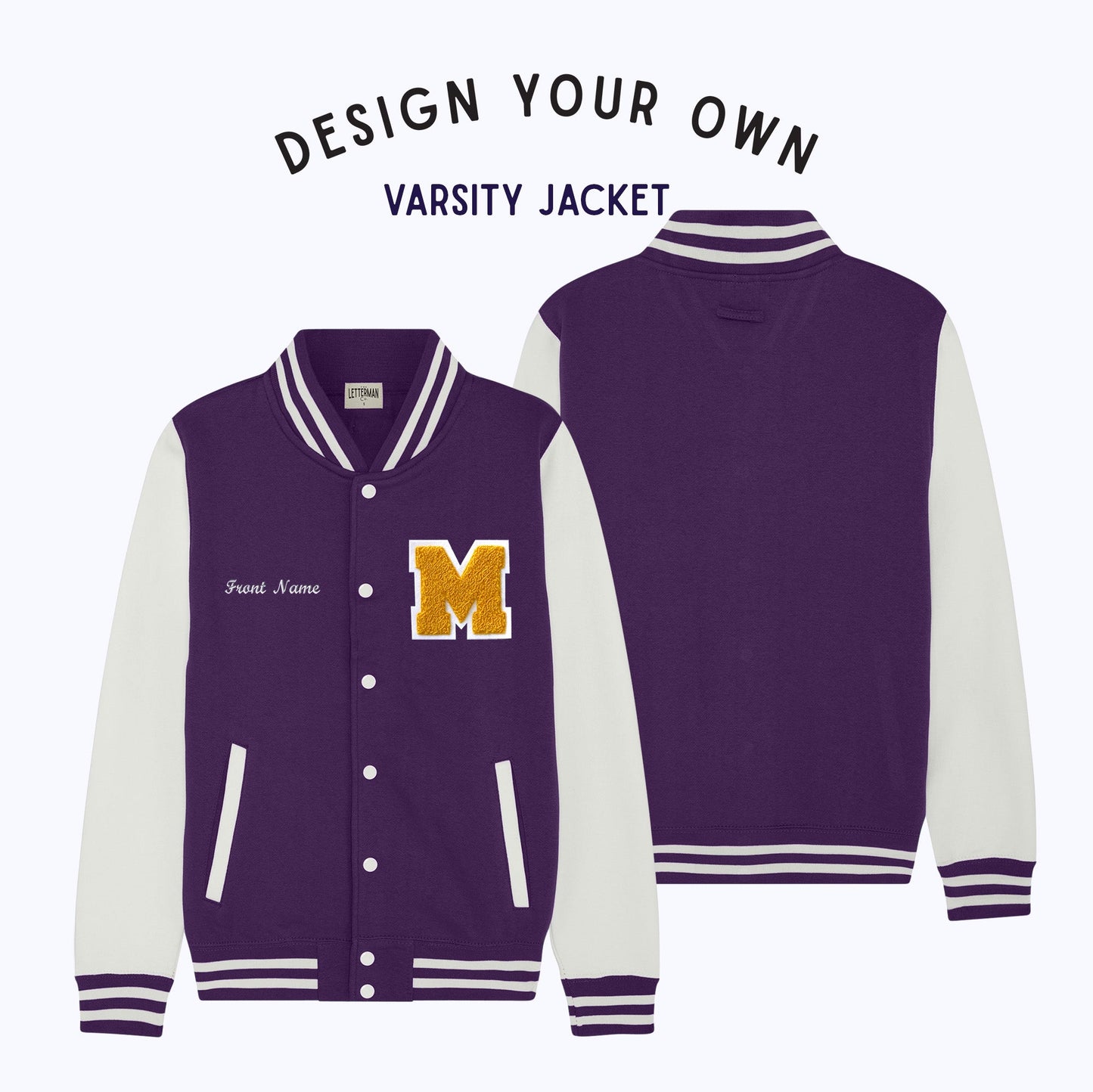 Personalized Adult Sweatshirt Varsity Jacket PURPLE/WHITE