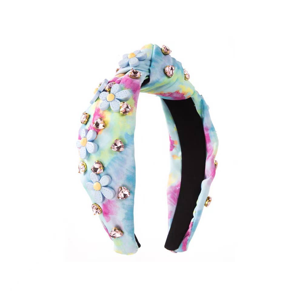 Daisy Rhinestone Tie Dye Knot Blue Jewel Headband Spring