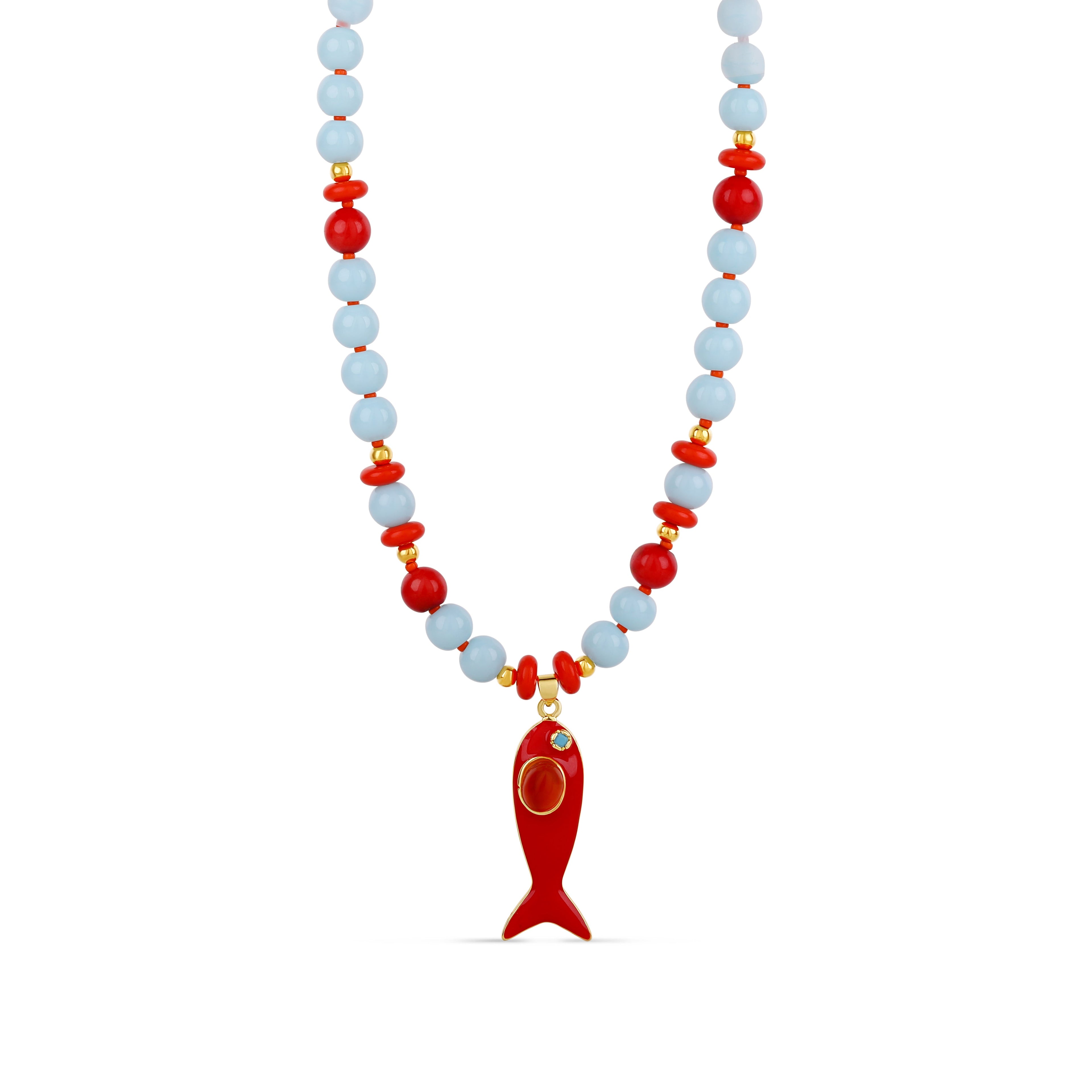 Coral Reef Fish Charm Necklace - Ocean Blue & Coral Beaded Necklace