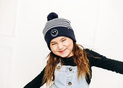 Blue & White Stripe Smiley Pom Pom Hat