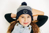 Blue & White Stripe Smiley Pom Pom Hat