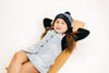 Blue & White Stripe Smiley Pom Pom Hat