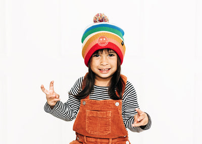 Bright Stripe Smiley Pom Pom Hat