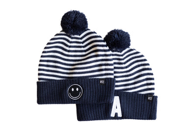 Blue & White Stripe Smiley Pom Pom Hat