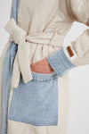 LONG QUILTED JACKET WITH DENIM DETAIL