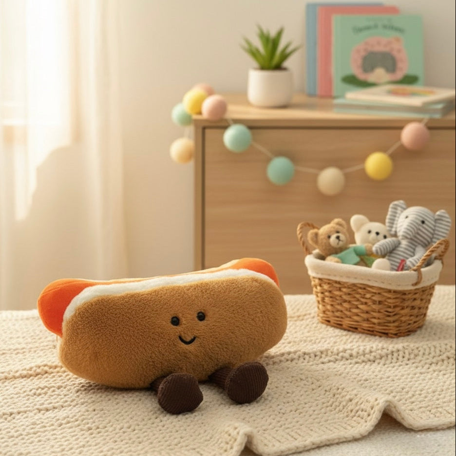 Hot Dog Plush Toy with Cute Dangly Feet  – Kawaii Soft Toy for Kids & Adults