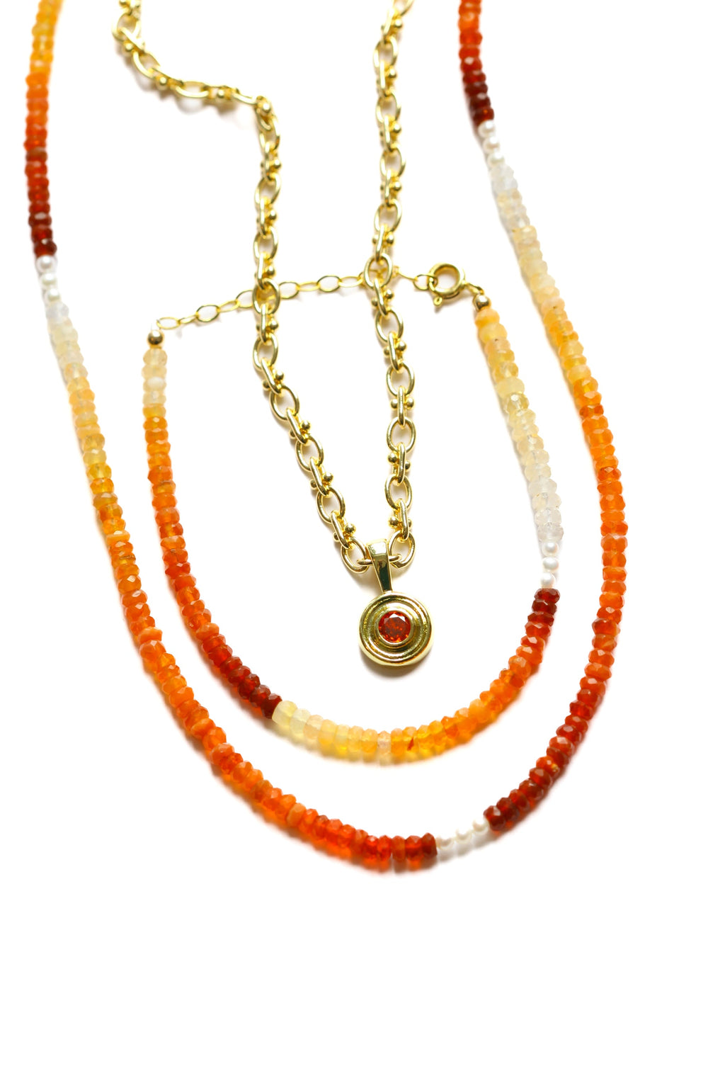 Mexican Fire Opal and Pearl Beaded Necklace- Moon Cycle
