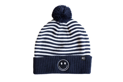 Blue & White Stripe Smiley Pom Pom Hat