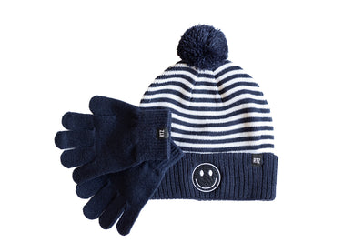 Blue & White Stripe Smiley Pom Pom Hat