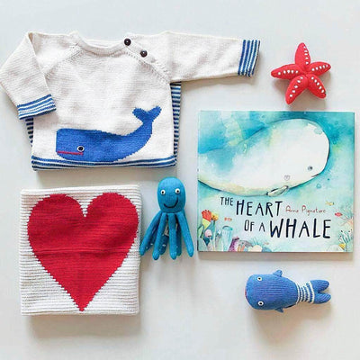 Baby Gift Set - Handmade Whale Long Romper, Heart Lovey, Sea Rattles and Whale Book