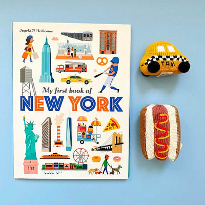 New York Baby Gift Set - "My first book of New York", Organic Newborn Rattle Toys | Taxi and Hot Dog