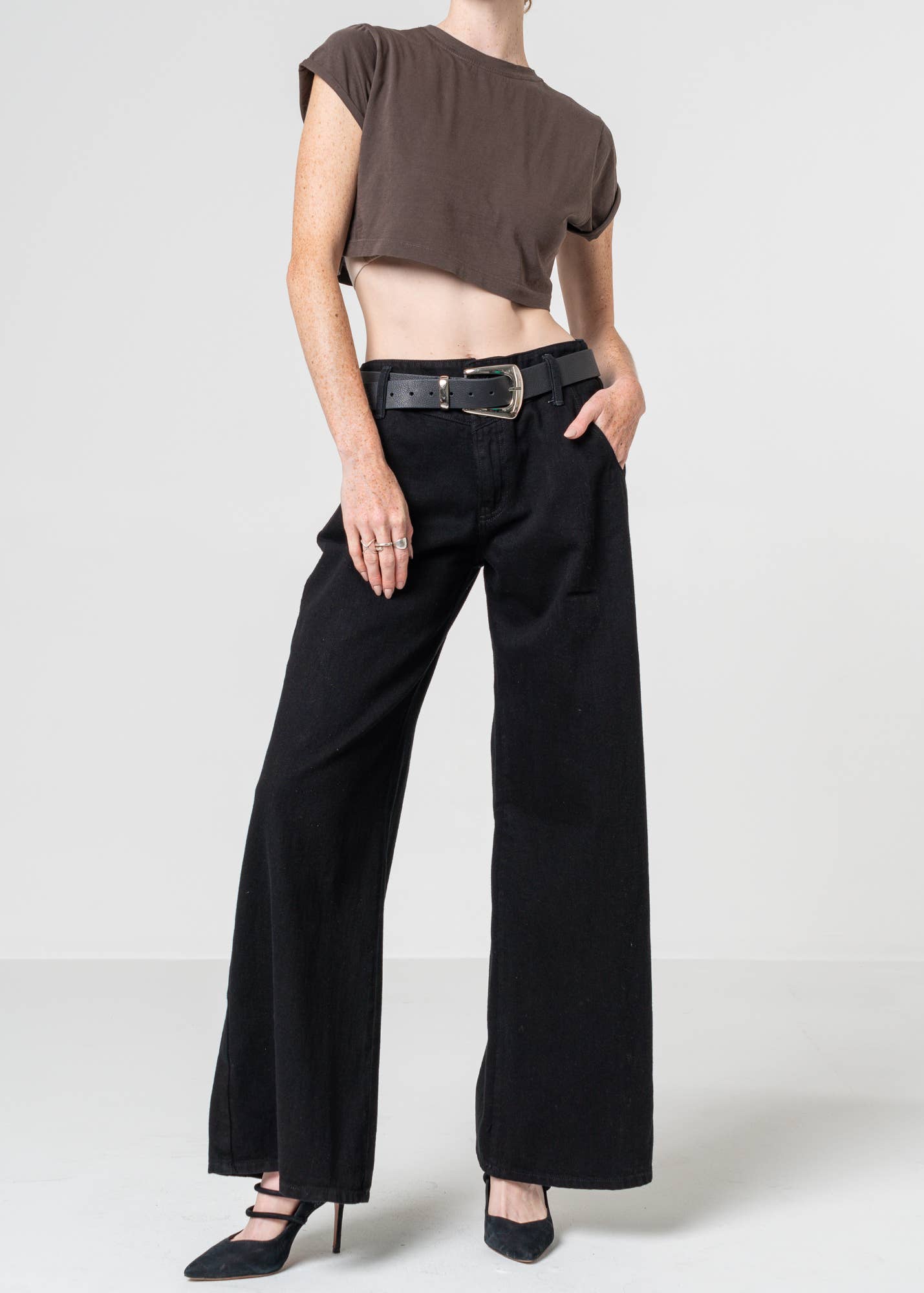 Athena Full Length Wide Leg Jeans - Black Over Dye