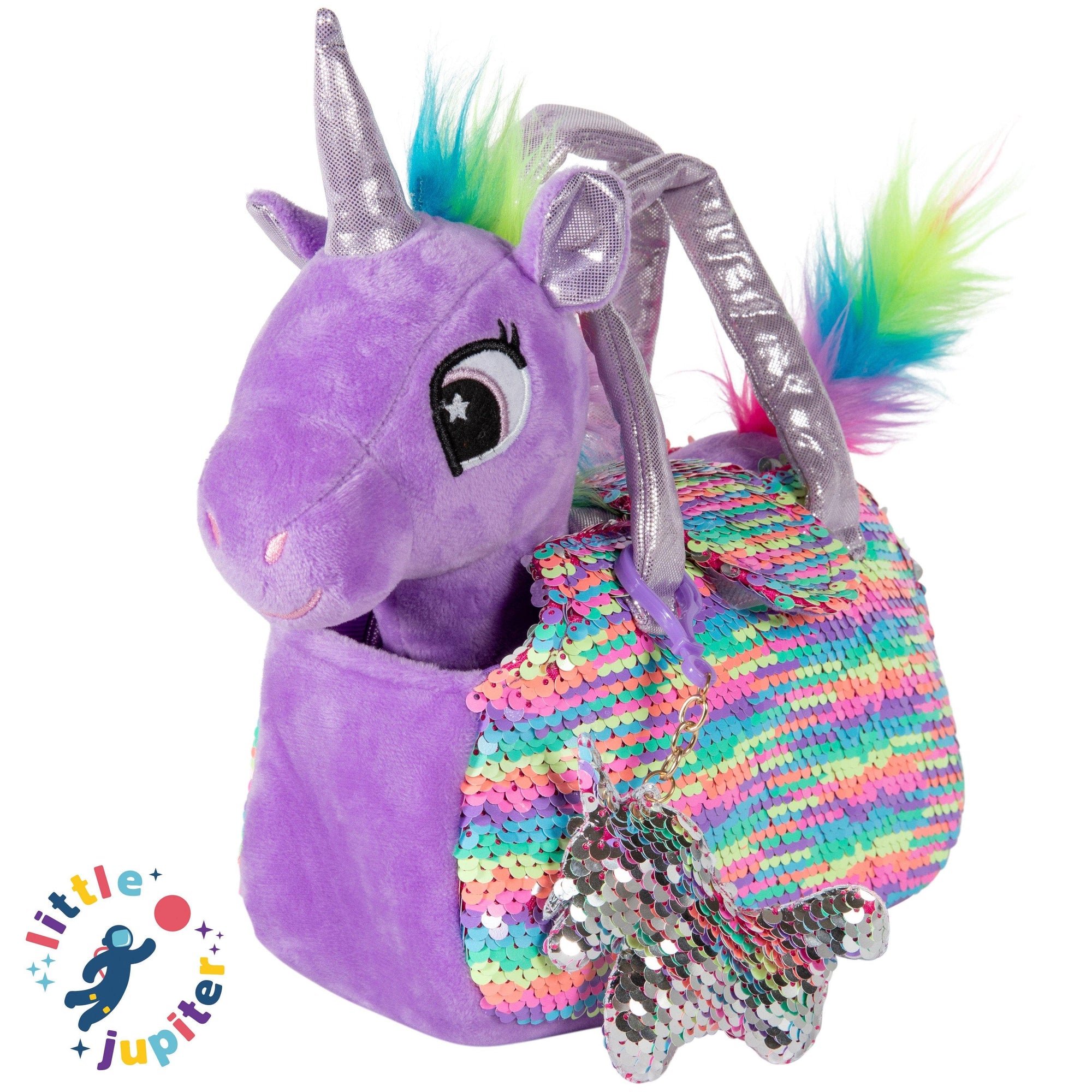 Little Jupiter Pet Plush Set with Bag - Purple/Rainbow Unicorn