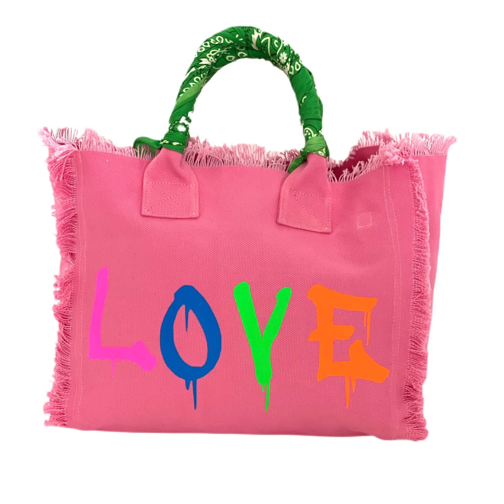 Pink Multi Drip Love Fringe Canvas Tote Bag